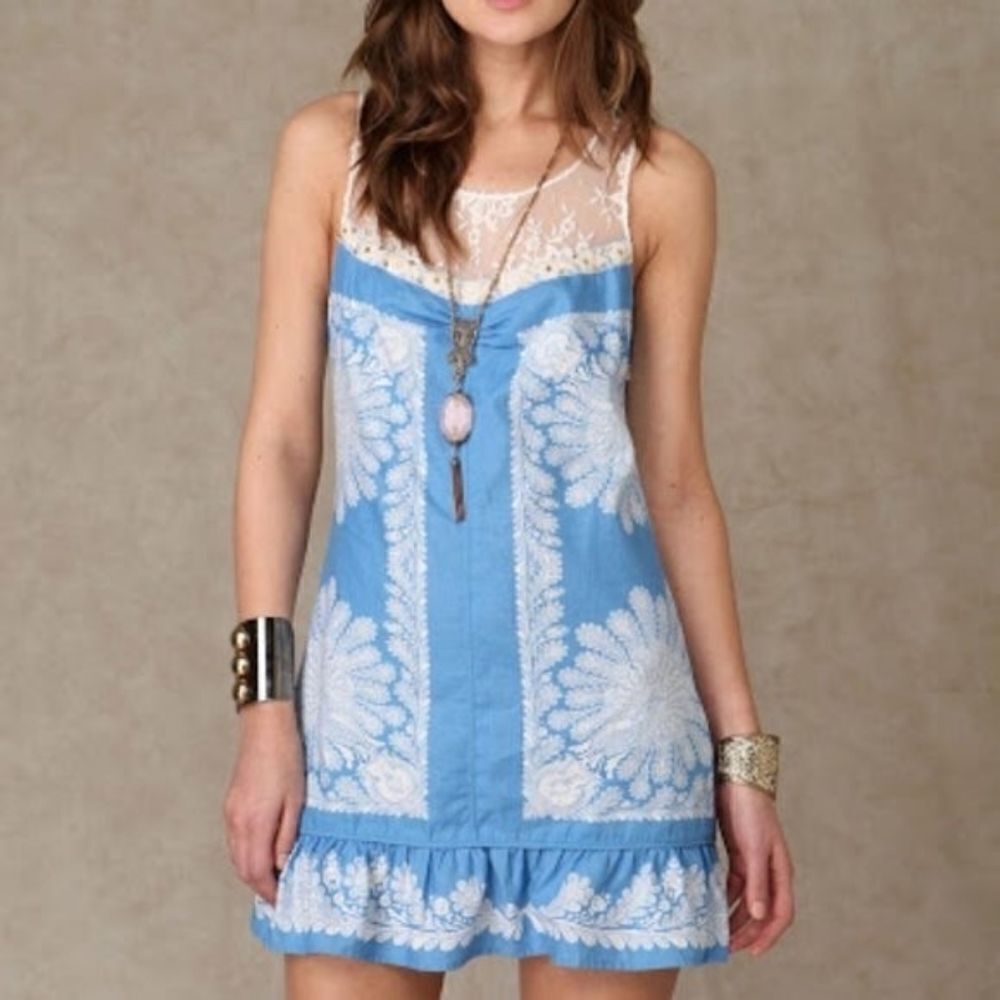 Vintage Free People Blue & White Lace Trim Linen Mini Shift Dress Y2K - Picture 3 of 8